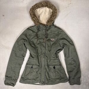 Grail Hollister Women Olive Green Sherpa Lined Parka Jacket Faux Fur Hood Large